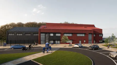 Generated image of what the planned Tornagrain primary school would look like. It's a red and grey building surrounded by paths and grassy areas with parking near the entrance.
