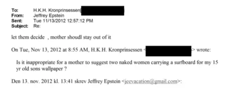 US Department of Justice A chain of emails in black and white between two people, including from the HRH Crown Princess email address