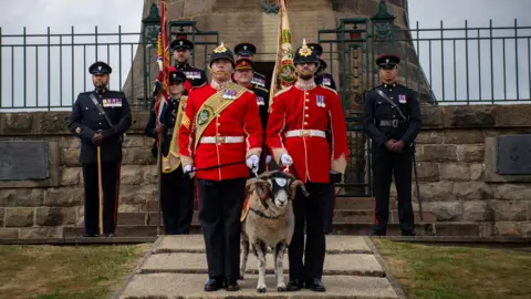 Mercian Regiment Private Derby XXXIII with his handlers: The Ram Major LCpl Mitchell, and Ram Orderly Pte Bramley, along with the Colour Party of the 4th Battalion, and members of The Regiment during the annual pilgrimage to the regimental memorial at Crich, Derbyshire - July 2025. 