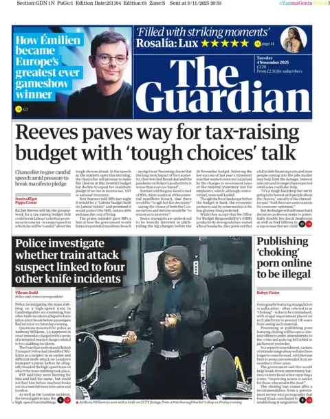 "Reeves paves way for tax-raising budget with 'tough choices' talk," the Guardian's headline on the front page says