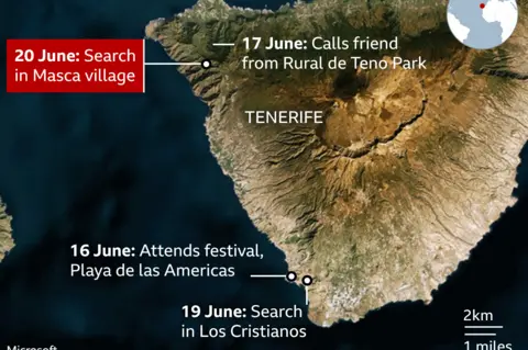 A map of Tenerife showing key locations in the search for Jay Slater