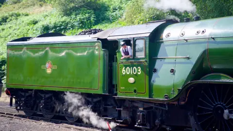 A green steam train runs through the countryside while the driver in a white shirt, dark-coloured apron and cap, leans out of his window.