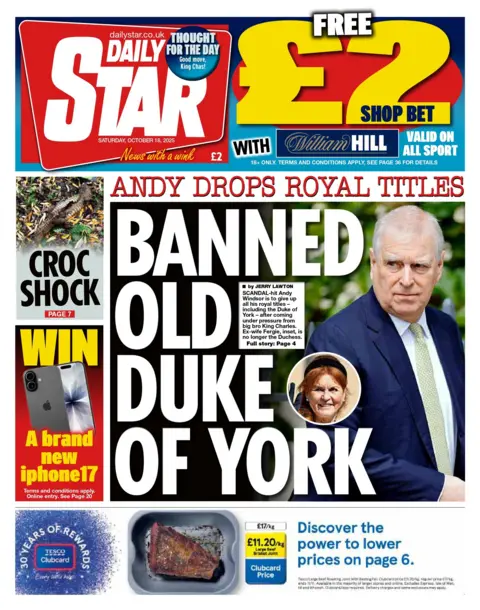 The headline on the front page of the Daily Star reads: "Banned old Duke of York".