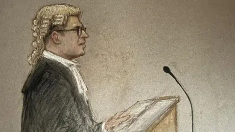 Esboço artístico de Julia Quenzler Court, feito por Julia Quenzler do promotor Paul Greaney KC no Liverpool Crown Court.