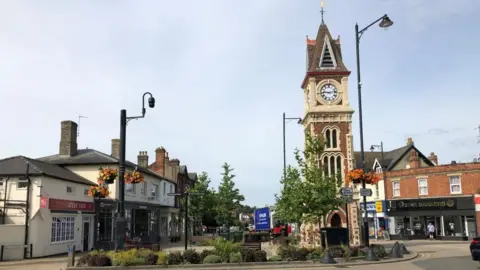 Newmarket town centre: buildings around an area filled with shrubs and trees. On build is a pub, another is a barber shop