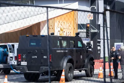 Getty Images An armoured LAPD truck is stationed outside the Dolby Theatre during the 98th Academy Awards. 