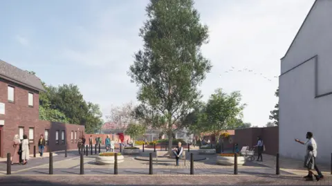 City of Wolverhampton Council People walk along the street and in an open paved area which has benches, bollards and trees within int.