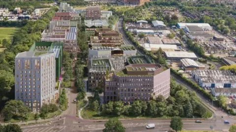 Illustrative image of the Cambridge Business Park plans, with blocks of flats and offices.