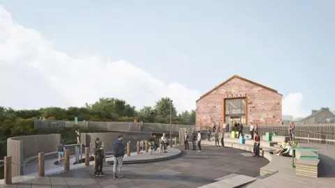 AHAG An artist's impression of an open space at the new Annan harbour with a restored warehouse building in the background