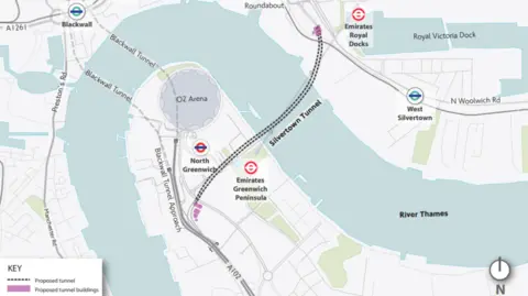 TFL A graphic of a map showing where the Silvertunnel crosses the river Thames, from near the Emirates Royal Docks to the North Greenwich Peninsula.