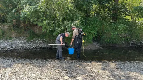 Environment Agency Two men stand over a river with low water levels, carrying equipment to rescue fish.