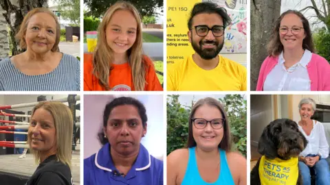 BBC A collage of eight winners of BBC Radio Cambridgeshire's Make a Difference Awards. They are all different ages and genders - and the dog is wearing a yellow neckerchief. 