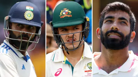 A split graphic of India's Virat Kohli, Australia's Sam Konstas and India's Jasprit Bumrah