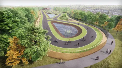 Bristol City Council An artist's impression of new tracks at Lawrence Weston with lake in the middle. Riders are cycling on the track and a nearby path.