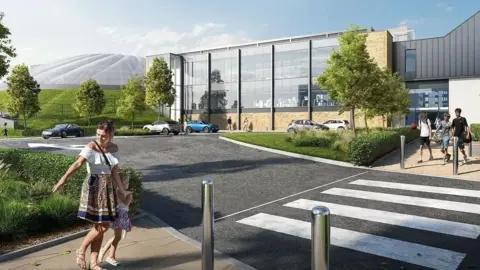 CGI illustration of the proposed new design for the Oasis Leisure Centre. A dome roof can be seen to the left, next to a glass fronted building, that houses a gym. There are trees and grass around some car parking and a zebra crossing.