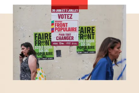 Getty Images Two pedestrians walk past election posters for the Nouveau Front Populaire (New Popular Front) in Paris, ahead of the second round of France's legislative elections