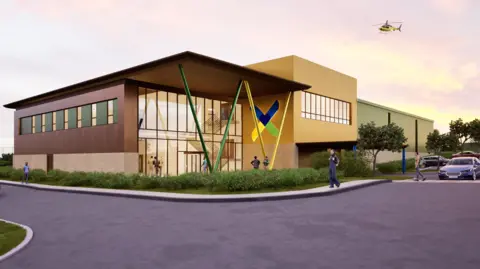 The Air Ambulance Service Artist impression of The Air Ambulance Service's new base - a purpose-built building in Catthorpe, Leicestershire - which shows an air ambulance helicopter flying overhead. 