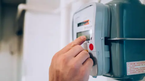 Getty Images A person presses a button on an energy meter in a home