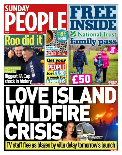 The headline on the front page of the Sunday People reads: "Love Island wildfire crisis".