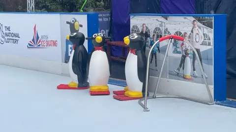 Simon Thake/BBC Model penguins stand on an ice rink. The barriers behind show children pushing it along the rink as a balance aid