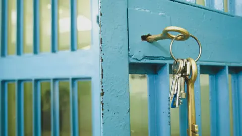 Generic image - a steel prison door with chipped blue paint with a set of gold and silver keys hanging from the lock