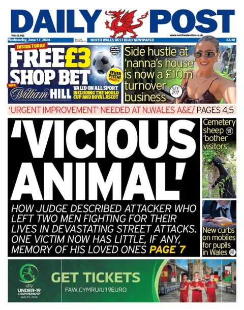 Daily Post Front page of Daily Post with headline 'Vicious Animal' on lead story about street attack