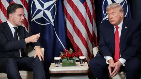 Nato Secretary General Mark Rutte and US President Donald Trump sitting in front of the Nato and American flag with a small table between them with two water glasses and a bundle of red flowers. 