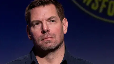 Former US Congressman Eric Swalwell photographed at a union workers forum during his campaign for California governor