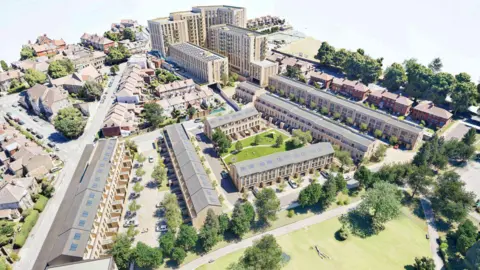 A computer generated image showing what the redeveloped site in Knowle could look like. There are illustrations of tall, tower blocks and town houses. There is a park located at the back of the residential area.