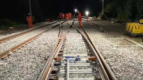 Workers on the rail line at night 