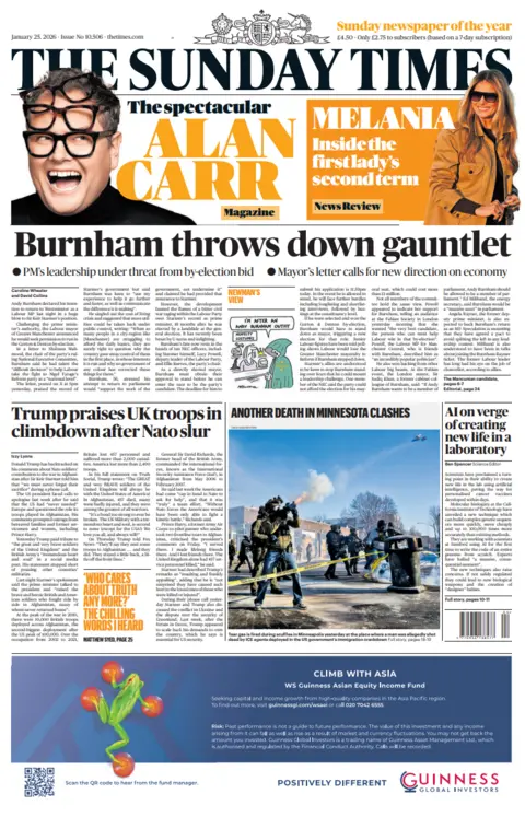 "Burnham throws down the gauntlet" reads the headline on the front page of the Sunday Times.