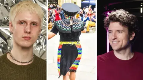 A composite of three images: A young man with short blonde hair, a woman in traditional African dress and a man with a red jumper and short curly hair