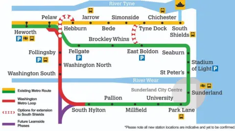 NECA A Tyne and Wear Metro map showing the proposed extension from South Hylton to Hebburn. New stations include Washington South, Washington North and Follingsby.