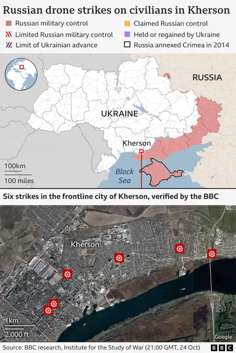 Two maps, one showing the location of Kherson inside Ukraine, in the south of the country, less than 100km from Crimea and on the edge of the area under Russian military control, marked in red. The second map shows the location of the six strikes confirmed by the BBC on video, all of which are east of Kherson and its suburbs.