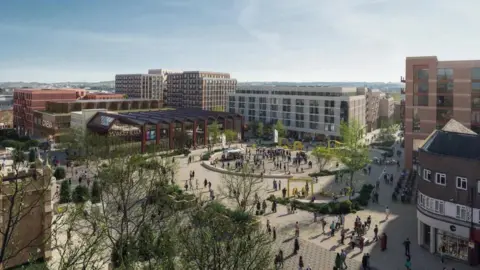 Wakefield Council A busy modern city square with people walking among trees and seating areas, surrounded by contemporary buildings.
