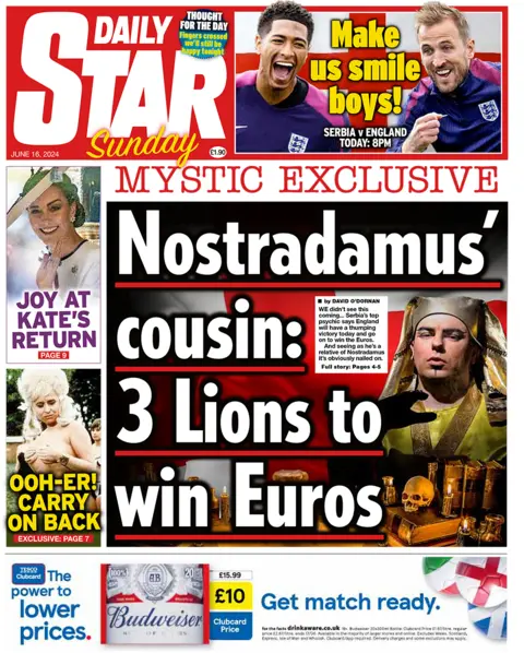 The headline on the front page of the Daily Star reads: "Nostradamus' cousin: 3 Lions to win Euros"