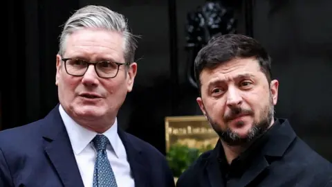 Prime Minister Keir Starmer and Ukrainian President Volodymyr Zelensky outside of 10 Downing Street