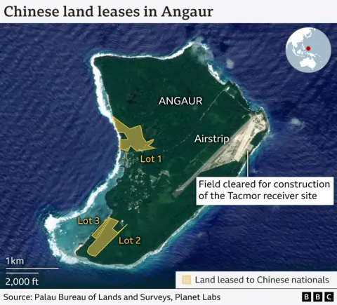 Chinese businesses have leased land close to US military sites, raising concern in Washington on the purpose of these land leases. This map shows the land leased to Chinese national in the island of Angaur.