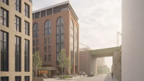 A CGI image showing how the planned student accommodation block would look. The seven-storey building has large windows and a mixture of red-brick and black cladding. It is next to a railway bridge.