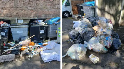 Darren Wilmot Pictures of overflowing bins with black and white bags full of refuse on the floor.