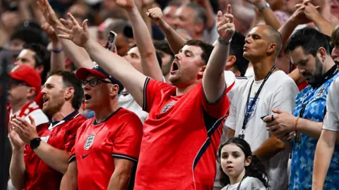  Fans dressed in red England shirts sing in the stands