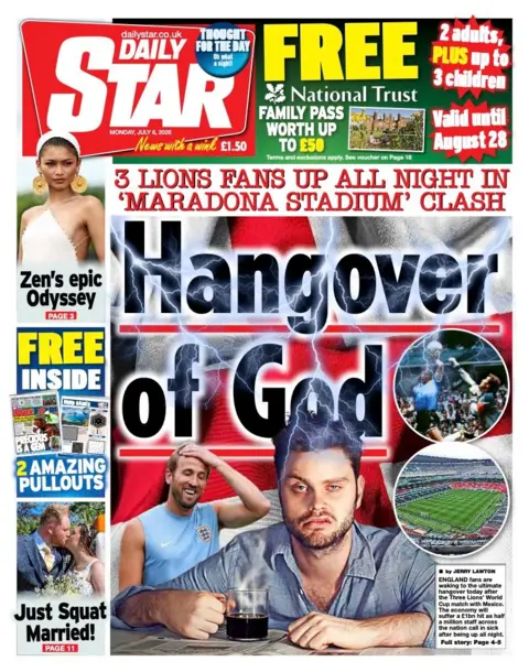 The headline on the front page of the Daily Star reads: 'Hangover of God.'