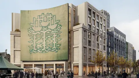 Artist impression of the redeveloped BHS store with the green Three Ships mural at the front and concrete blocks behind with people milling about at the front.