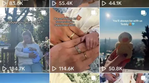 A screenshot of TikTok videos shows pictures of a woman holding a baby, hands holding a newborn's fingers and a woman's hand holding up a knitted duck. 