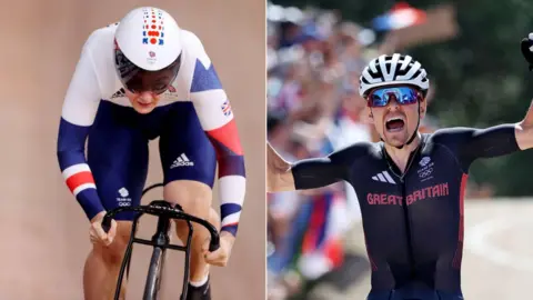 Getty Images Katy Marchant riding a bike at the Paris Olympics and Tom Pidcock after he has won gold at the olympics