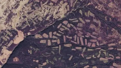 Google Maps A satellite image of Peak District moorland, with many visible patches where the vegetation has been removed.