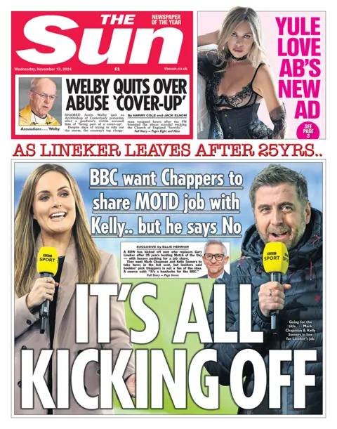 The headline in the Sun reads: "BBC wants Chappers to share MOTD job with Kelly.. but he says No". 