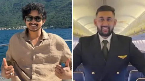 Family handouts A composite image of Vamshi Mandala and Dylan Patel. Vamshi is wearing a beige shirt and sunglasses on a boat. He has curly black hair and is giving a thumbs up to the camera. Dylan is wearing a navy pilot's suit onboard a plane. He has short black hair and a neat beard and is smiling.