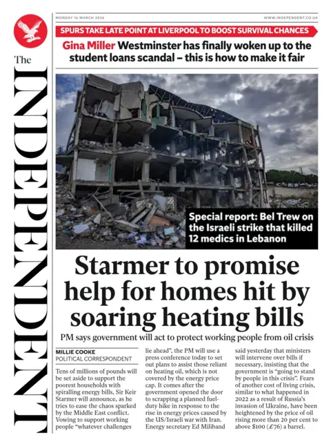 "Starmer to promise help for homes hit by soaring heating bills" reads the headline on the front page of the Independent.