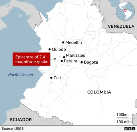 Map of the Colombia showing the epicentre of the earthquake, north of the city of Cali and west of the city of Manizales, as well as Pereira and Quibdó